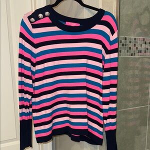 Lilly Pulitzer Morgan Sweater Tropical Stripe Pink and Navy Rhinestone Size XL